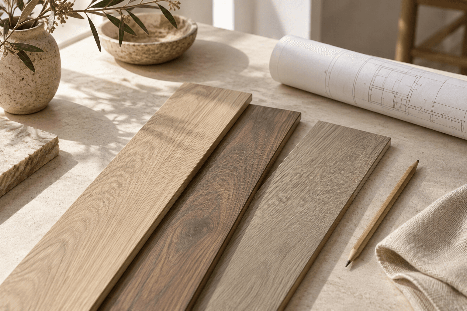 Flooring swatches on an architect’s worktable